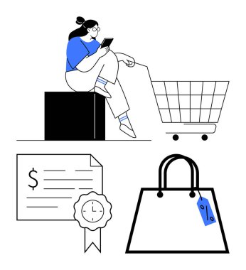 Alışveriş arabasının yanında otururken akıllı telefon kullanan kişi, indirim etiketli çanta, dolar işareti ve saati olan sertifika. E-ticaret için ideal, online alışveriş, indirimler, promosyonlar, ödüller