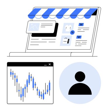 Ürün resimleri, indirim etiketleri ve alışveriş arabası simgeleriyle birlikte e-ticaret web sitesi düzeni. Grafik penceresi pazar eğilimlerini gösteriyor. Dairesel çerçevedeki kullanıcı profili simgesi. E-ticaret ve çevrimiçi iş için ideal