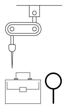 Robotik kol, minimalist bir evrak çantası ve büyüteç yanında bir iğne-parmak-yukarı aleti tutuyor. Teknoloji, endüstri, otomasyon, araştırma, yenilik, iş, soyut düz çizgi metaforu için ideal