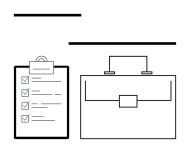 Tamamlanmış kontrol listesi ve evrak çantası özeti olan pano. İş planlaması, görev yönetimi, üretkenlik araçları, kariyer hedefleri, organizasyon kavramları, zaman yönetimi, soyut düz çizgi