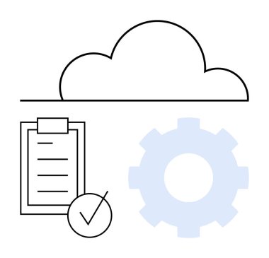 Tik ve teçhizatı simgeleyen organizasyon, görev tamamlama ve verimliliği olan kontrol listesinin üstündeki bulut deposu. Teknoloji, takım çalışması, görev yönetimi, otomasyon, bulut hesaplama, işlem için ideal