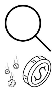 Büyüteç ve düşen bozuk para yığını mali büyüme, piyasa araştırması ve yatırımları sembolize ediyor. Finans, bütçe, tasarruf, analiz, iş büyümesi, bankacılık soyut hattı için ideal