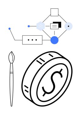 Boya fırçası, dolar sembollü para ve soyut iş akışı diyagramı yaratıcılık, finans ve stratejileri temsil eder. Tasarım planlama, bütçe oluşturma, yenilik, takım çalışması girişimciliği için ideal
