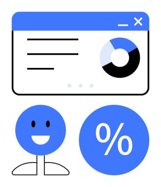 Pencere arayüzü içinde mavi ve siyah pasta grafiği, gülen yüz ve yüzde sembolü. İş analizleri, sunumlar, istatistikler, kullanıcı geribildirimleri, mali raporlar, pazar analizleri için ideal