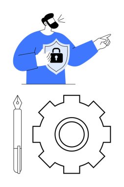 Adam kalkanı kilit simgesiyle tutuyor, güvenli bir şekilde ileri doğru işaret ediyor. İşlem için vites sembolü, yaratıcılık için dolma kalem. Güvenlik, liderlik, süreçler, yenilik, strateji eğitimi için ideal