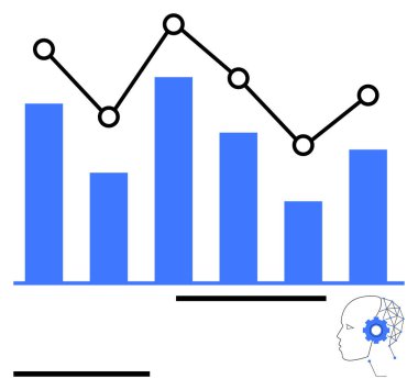 Eğilim çizgisi olan çubuk grafik, veri noktalarını işaretleyen daireler, ve dişli ve ağ desenli insan kafası. Analiz, yapay zeka, performans takibi, finans, teknik eğitim araştırmaları için ideal. Soyut çizgi