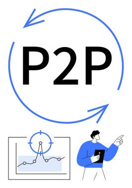 P2P iki dairesel okla çevrili, veri noktası odaklı analitik çizelgesi ve iş adamı işaret ediyor. Finans, teknoloji, paylaşım ekonomisi, ağ oluşturma, işbirliği, iletişim için ideal