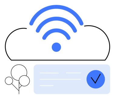 Mavi kablosuz dalgalı bulut, belgede onay kontrol sembolü, basit ağaç. Teknoloji, bağlantı, bulut hizmetleri, internet, ağ güvenliği uzaktan kumandası için ideal. Satır metaforu