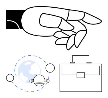 Gezegen ve evrak çantası üzerinde robot el hareketleri uzay keşfi, yapay zeka ve teknolojiyi sembolize ediyor. Yenilik, iş dünyası, robot bilimi, gelecekçilik, yaratıcılık keşfi için ideal