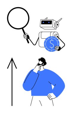 Yapay zeka robotu büyüteç kullanarak finansal sembolü analiz ederken bireysel olarak yukarı doğru ok ile bir sonraki hareketi düşünüyor. Teknoloji, finans, iş stratejisi, yenilik, analitik ve yapay için ideal