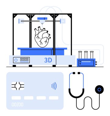 3D printing machine crafting a human heart with stethoscope, lab equipment, and a data card. Ideal for healthcare, technology, innovation, 3D printing, diagnostics, biotechnology abstract line flat clipart