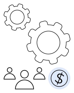 İki büyük vites insan figürlerinin üstünde ve bir dolar işareti ile takım çalışmasını, operasyonları, finans ve üretkenliği vurguluyor. İş, ekonomi, liderlik, strateji iş akışı için ideal