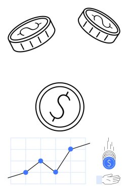 Bozuk paralar ve dolar sembolleri yüzen, yükselen tablolar ve el yakalayan bozuk paralar finans, yatırım, tasarruf, zenginlik yönetimi, ekonomik ilerleme, iş büyümesi, soyut düz çizgi