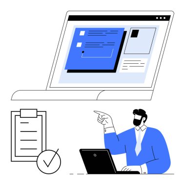 Bir dizüstü bilgisayarda çalışan, bir görevi işaret eden, kontrol işaretli kontrol listesi ve geniş bir tarayıcı penceresi olan bir adam. Üretkenlik, uzaktan çalışma, planlama, organizasyon, iş akışı dijital araçlar için idealdir