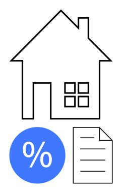 Kare pencereli ev taslağı, mavi yüzde sembolü ve çizgili belge. Gayrimenkul, finans, ev satın alma, kredi, faiz oranları finansal konut piyasası için ideal. Soyut çizgi