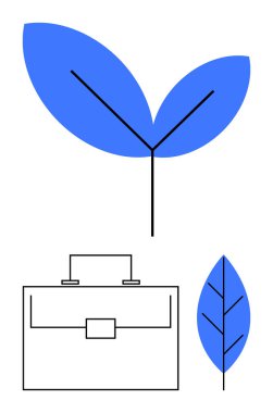 Soyut mavi yapraklar ve temiz çizgilerle birbirine bağlı minimalist evrak çantası. Çevre dostu iş, yeşil büyüme, sürdürülebilirlik, kurumsal sorumluluk, doğa, yenilik ve soyut çizgi için ideal