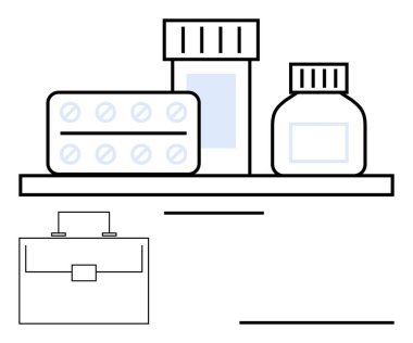 İlaç şişeleri, rafta çanta bulunan hap paketleri sağlık, organizasyon ve lojistik konularını vurguluyor. Eczane, sağlık yönetimi, tedarik zinciri, e-ticaret, tıbbi ticaret şirketi için ideal