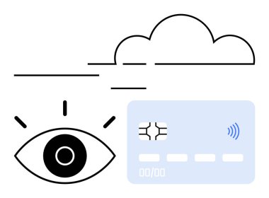 Göz çizelgesi, bulut taslağı ve temassız ödeme kartı siber güvenlik, bulut depolama ve dijital ödeme sistemlerini temsil ediyor. Veri gizliliği, fintech, teknoloji, bulut güvenliği için idealdir.