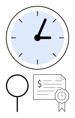 Zamanı gösteren saat, odaklanmak için büyüteç ve başarıyı simgeleyen sertifika. Üretkenlik, zaman yönetimi, iş verimliliği, teslim tarihleri, detaylara dikkat, sertifika