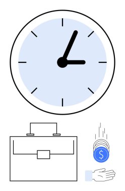 Zamanı gösteren bir saat, işi temsil eden bir çanta, geliri gösteren paralar. Üretkenlik, finansal planlama, iş hayatı dengesi, zaman yönetimi, kariyer büyümesi, verimlilik ve soyut çizgi için ideal