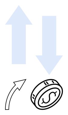 Yukarı ve aşağı mavi oklar, siyah ok ve dolar işaretli bozuk para finansal eğilimleri temsil ediyor. Ekonomi, yatırım, bankacılık, para birimi dalgalanması, mali politika, pazar analizi için ideal