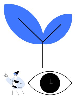 Büyümeyi simgeleyen mavi filizlenen yaprak, saati simgeleyen soyut göz ve gelişmeyi gösteren bir kadın. İş stratejisi, sürdürülebilirlik ve yenilik için ideal