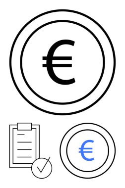 İçinde siyah ve mavi madeni paralar, pano kontrol listesi ve şah işareti olan Euro sembolü. Finans, para birimi, bankacılık, bütçe, muhasebe, yapılacaklar listesi için ideal soyut satır düz metaforu