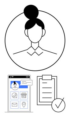 Profil çemberindeki minimal kadın avatar, uygulama simgeleriyle akıllı telefon arayüzü, kontrol listesi olan pano. Uygulamalar, profiller, üretkenlik, kullanıcı yönetimi, ayarlar, görevler için idealdir