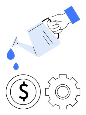 Sulama kutusundan elde akan su neredeyse dolar ve dişli ikonları büyümeyi, yatırımı, finansal gelişimi sembolize ediyor. İş, strateji, girişimcilik, ekonomi ve yenilik için ideal