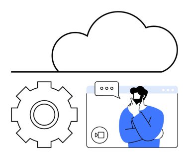 Bulut simgesi, teknik süreçler için teçhizat, sanal toplantı tarayıcı penceresinde konuşma baloncuğu olan kişi. Takım çalışması, teknik çözümler, çevrimiçi işbirliği, bulut depolama, bilişim yeniliği, dijital