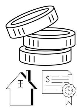 Zenginliği simgeleyen üç madeni para yığını, tasdikli sertifika, emlak yatırımını temsil eden ev. Finansal hizmetler, gayrimenkul, refah yönetimi için ideal