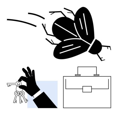Uçan böcek, anahtarla el, en az evrak çantası. İş için ideal, fırsat, çözümler, güvenlik, erişim, karar verme soyut çizgisi düz metafor