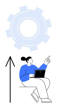 Dizüstü bilgisayarı olan, yukarı doğru bakan, üzerinde büyük mavi dişli, yukarı doğru siyah ok olan bir kadın. Ticari büyüme, yenilik, teknoloji, verimlilik, kariyer gelişimi için ideal hedef belirleme. Çizgi