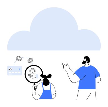 Kullanıcılar finansal verileri bir bulutu işaret eden bir büyüteçle inceliyorlar. Finans, bulut teknolojisi, dijital işlemler, çevrimiçi bankacılık, finansal analiz, güvenlik, fintech