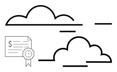 İki bulut ve ödül ikonu olan onaylı bir belge. Bulut depolama, dijital sertifika, çevrimiçi güvenlik, veri yönetimi, belge doğrulama, teknoloji hizmetleri, bulut hesaplama için ideal