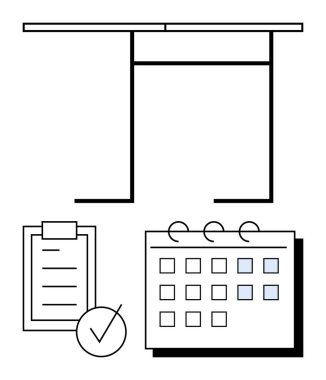 Minimalist çalışma masasında listeli bir pano, spiral takvim ve temiz çizgiler var. Üretkenlik, programlama, planlama, iş hayatı dengesi, görev yönetimi, teslim tarihleri için ideal