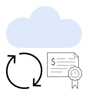 Bulut simgesi, mühürlü mali belge ve dairesel oklar bulut teknolojisini, mali işlemleri, devam eden güncellemeleri, yenilenmeleri temsil ediyor. Finans, bulut hesaplama ve bant verileri için ideal