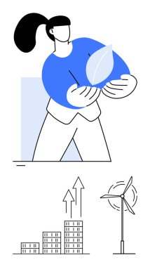 Elinde sürdürülebilirliği simgeleyen bir yaprak tutan kadın, binaların üzerinde yükselen oklar ve yenilenebilir enerjiyi temsil eden bir rüzgar türbini. Eko-farkındalık, yenilik, temiz enerji ve büyüme için ideal