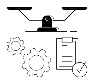 Denge ölçeği, eşitlik viteslerinin yanı sıra bir kontrol listesi ve organizasyon, hedefler ve çözümler için kene işaretinin de yer aldığı iş akışını temsil etmektedir. Adalet, verimlilik, değerlendirme, yönetim için ideal