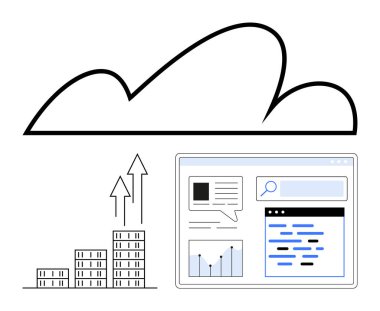 Yukarı doğru ok ve grafik, veri ve arama elemanlarını gösteren bir ekran ile büyüyen bir çubuk grafiğinin üzerinde bulut grafiği. Dijital dönüşüm, veri analizi, teknolojik büyüme ve bulut hizmetleri için ideal