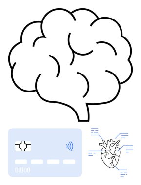 Beyin çizgisi, bağlı kalp diyagramı, çipli akıllı kart ve kablosuz özellik. Yapay zeka, sağlık teknolojisi, fintech, nörobilim, dijital ödemeler, inovasyon soyut metaforu için idealdir.