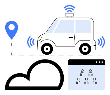 Kablosuz sinyalleri, GPS yer bulucu, bulut simgesi ve bağlantı için kullanıcı paneli olan otomatik çalışan bir araba. Akıllı ulaşım, IOT, GPS sistemleri, bulut teknolojisi, otomasyon hareketliliği için ideal