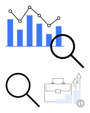 Yükselen okları olan iş ve büyüme simgelerinin yanında bir çubuk grafik ve çizgi çizelgesini vurgulayan büyüteç. Finans, veri analizi, piyasa araştırması, iş stratejisi ve yatırım için ideal