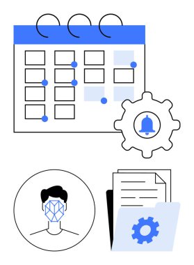 Nokta işaretleyicili takvim, alarmlı teçhizat, soyut yüz tanıma simgesi, kağıtlı dosya dizini. Zamanlama, otomasyon, yapay zeka, iş akışı yönetimi, veri organizasyonu güvenliği soyut