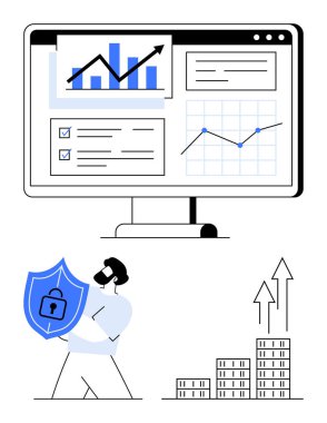 Bilgisayar ekranı grafikleri, grafikleri ve analizleri gösteriyor. Kalkanı kilit simgesiyle tutan kişi. Yükselen bar tabloları iş büyümesini simgeliyor. Veri güvenliği, analitik, finans, iş için ideal