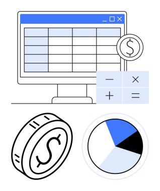 Hesap tablosu, para birimi sembolü, hesap makinesi düğmeleri, pasta grafiği ve bozuk para görüntüsü olan bilgisayar ekranı. Finans, bütçe, muhasebe, veri örgütü analizi ve planlama için ideal