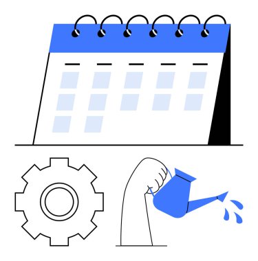 Dişli ikonlu ve el yapımı suyla dolu masa takvimi, zaman yönetimi, planlama, büyüme, kişisel bakım, üretkenlik, iş stratejisi ve iş akışı optimizasyonunu gösteriyor. Soyut çizgi düz metafor