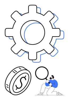 Geniş teçhizat, bir kişinin tuttuğu büyüteç, ve bir dolarlık madeni para işaretleme sistemleri, finansal işlemler, ve inceleme. İş verimliliği, finans, işlemler, değerlendirme stratejisi için ideal