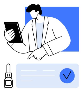 Tıbbi uzman elinde tablet tutuyor, mavi işaretli kontrol listesine işaret ediyor. İçinde küçük bir ilaç şişesi var. Sağlık, tıbbi teknoloji, hasta bakımı, teletıp için ideal