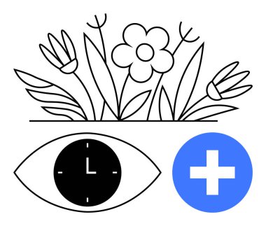 Çiçekler büyümeyi simgeler, saatli gözler zaman yönetimini ya da farkındalığı, mavi artı işareti sağlığı ya da pozitifliği simgeler. Sağlık, kişisel bakım, sağlık, vizyon, zaman, pozitiflik için ideal